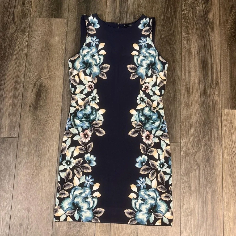 White‎ House Black Market Floral Sheath Dress Navy Blue LP Petite Wedding Guest - Picture 3 of 16